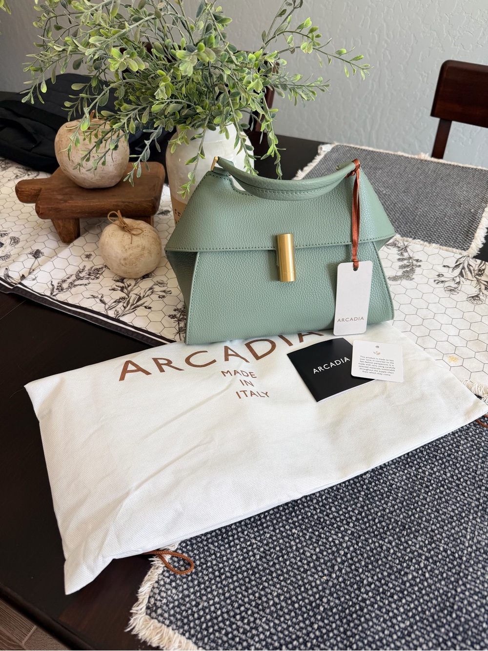 Arcadia Mint Green Leather Satchel with Gold-Tone Clasp